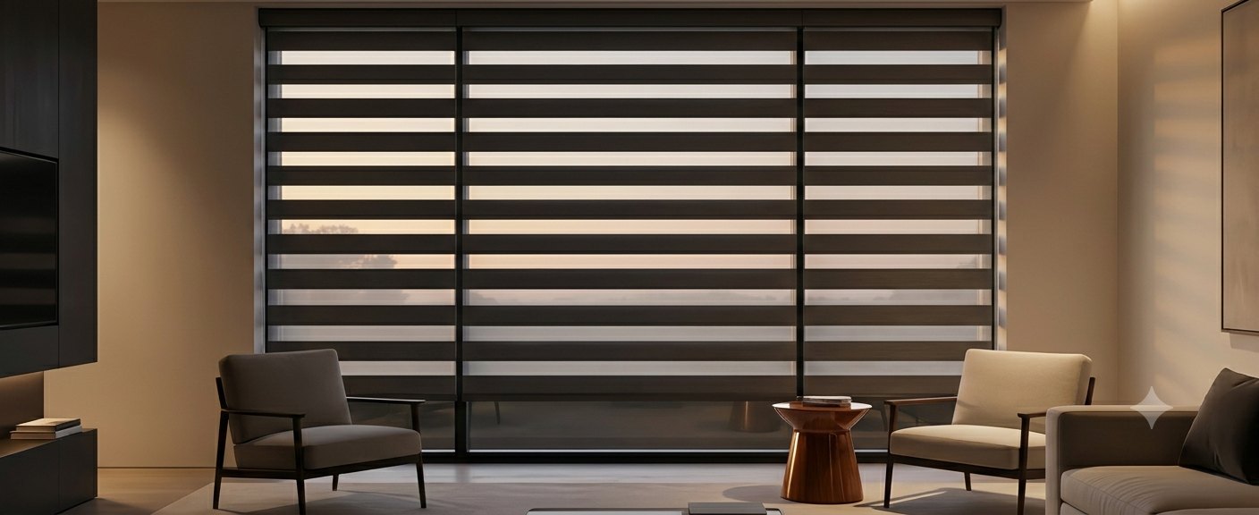Floor-to-ceiling dual sheer shades professionally installed at dusk in a modern Tulsa living room